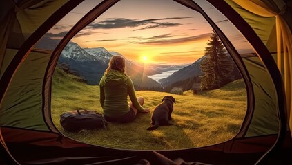 tent view of woman with dog camping at sunset mountain Generative AI