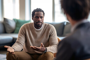 Male counselor demonstrating empathy during a breakthrough session with a client, highlighting the importance of mental health support and therapeutic communication, generative ai - obrazy, fototapety, plakaty