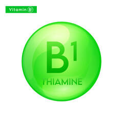 Vitamin B1 (Thiamine) green icon 3D. Essential multivitamin supplement. Beauty nutrition skincare. Pill capsule vitamins complex. For cosmetic product design. Medical concept. Vector.