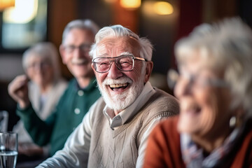 Candid capture of joyful senior citizens enjoying companionship at a social club. The scene encapsulates the laughter and happiness among the elderly in retirement, generative ai - obrazy, fototapety, plakaty