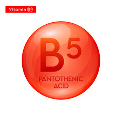 Vitamin B5 (Pantothenic Acid) red icon 3D. Essential multivitamin supplement. Beauty nutrition skincare. Pill capsule vitamins complex. For cosmetic product design. Medical concept. Vector.