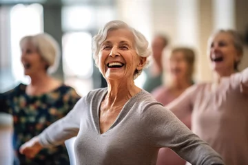 Deurstickers Candid capture of a joyful group of seniors showing vitality while dancing, highlights companionship and active lifestyle in retirement, reflecting the spirit of elderly, generative ai © InputUX