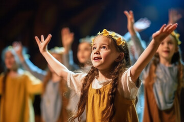 Candid shot of children performing in a community theater production, showcasing their talent and creativity. The image reflects the innocence of young performers, generative ai