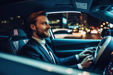 Male passenger engaged in a self-driving car journey, showcasing the innovation of artificial intelligence in navigating city streets. Image underscores the impact of technology, generative ai - obrazy, fototapety, plakaty
