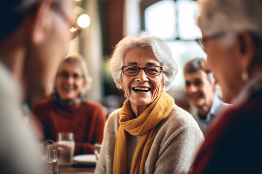 Candid capture of joyful senior citizens enjoying companionship at a social club. The scene encapsulates the laughter and happiness among the elderly in retirement, generative ai