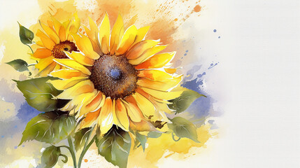 Watercolor sunflower invitation flower. 