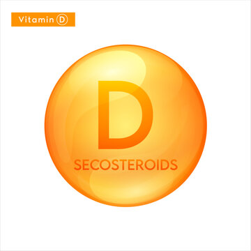 Vitamin D secosteroid orange icon 3D. Essential multivitamin supplement. Beauty nutrition skincare. Pill capsule vitamins complex. For cosmetic product design. Medical sealthy life concept. Vector.