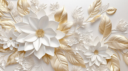 White gold flowers and leaves on white linen texture. 