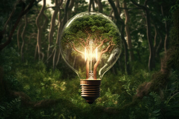 Gl&uuml;hbirne mit Baum die leuchtet , Hintergrund Wald, Light bulb with tree that glows, background forest,