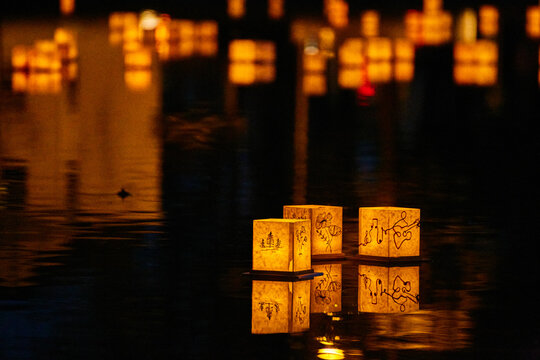 Japanese themed golden lanterns floating on dark waters