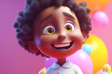 Fototapeta na wymiar Portrait of a cheerful joyful African American boy on holiday. Funny black child, children's birthday. Volumetric doodle illustration of Generative AI