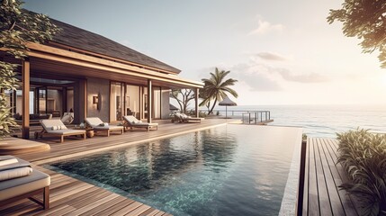 Fototapeta premium illustration of pool and villa resort or beach house. sun loungers on Sunbathing deck and private swimming pool with sea view at luxury villa resort