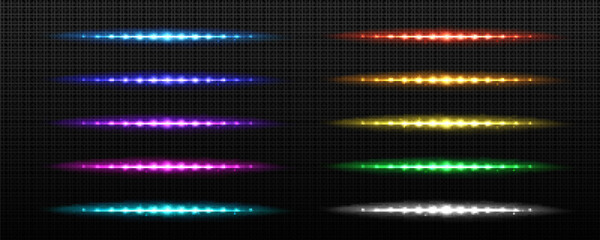 Realistic set of rainbow LED stripes isolated on transparent background. Vector illustration of colorful light tubes glowing in darkness. Night club party decor. Retro futuristic design elements