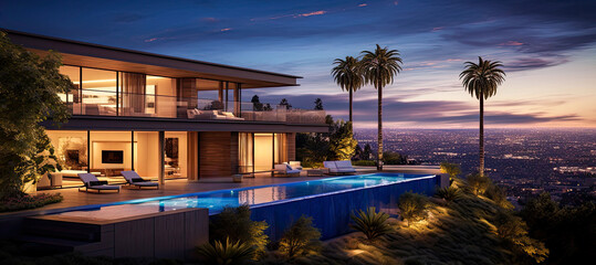 Beautiful luxury modern house in the mountains of Los Angeles with a beautiful panoramic night view of the ocean. Mansion architecture and a pool.(generative AI)
