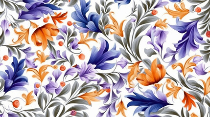 Fototapeta na wymiar Floral and leaves seamless pattern on white isolated. 