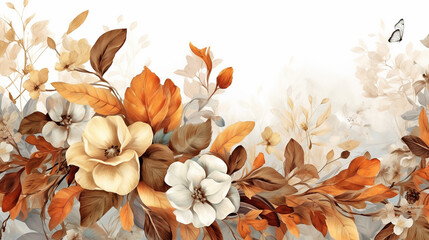 Floral illustration with gold frame and autumn leaves. Generative AI