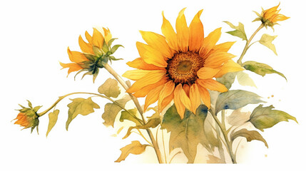 Naklejka premium Hand drawn watercolor sun flower background card on white background. Generative AI