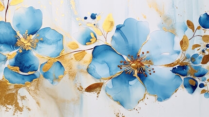 Handmade watercolor alcohol inks flowers with blue and gold. Generative AI