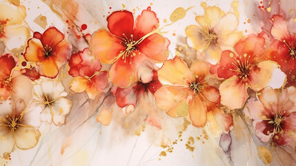 Handmade watercolor alcohol inks flowers with red and orange. Generative AI