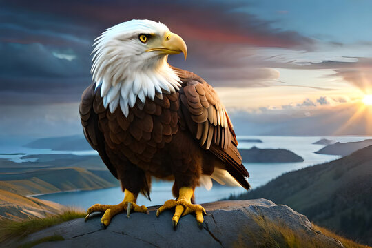 A bald eagle with a black ring in the background