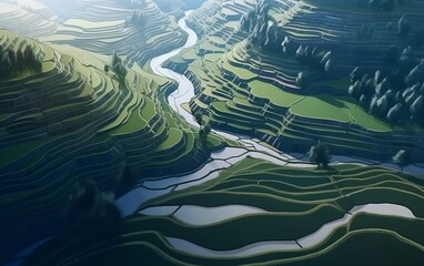 Fototapeta na wymiar Top view on green rice terraces in the foggy morning created with Generative AI technology