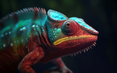 Obraz premium Multicolored chameleon on a green background closeup created with Generative AI technology