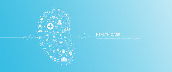 Ear health care. Medical icons inside hexagons connected in the shape of the human ear with white rate graph heart pulse. Organs icons on blue background banner. Vector.