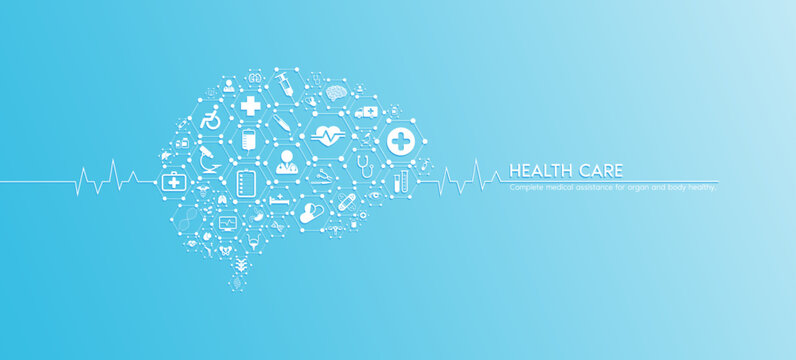 Brain health care. Medical icons inside hexagons connected in the shape of the human brain with white rate graph heart pulse. Organs icons on blue background banner. Vector.
