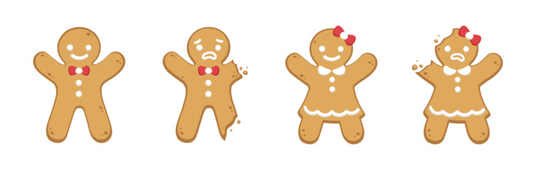 Set of gingerbread man and woman sweet cookies, whole and with bite clipart. Holiday winter Christmas symbols. Vector illustration. - obrazy, fototapety, plakaty