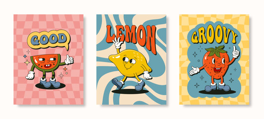 Retro Cartoon Character Fruit Poster Set. Vector Funny Comic Illustration with Watermelon, Lemon and Strawberry