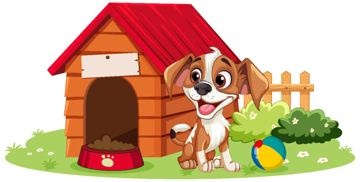 happy dog near doghouse with ball clip art preview