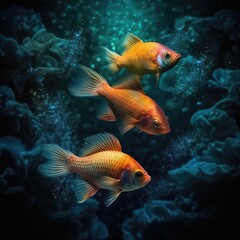 Three fishes swimming in the ocean, AI generated.