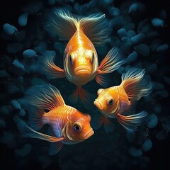 Fototapeta premium Three fishes in the ocean, Fish swimming in the sea underwater with light shining, AI generated.