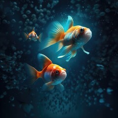 Three fishes in the ocean, Fish swimming in the sea underwater with light shining, AI generated.