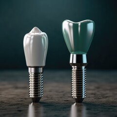 Model with titanium metal screw implant,Dentists dental prosthetic teeth, gums, AI generated.