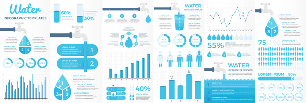 Set of water infographic templates with tap, water drops, glasses, bar and line and charts, water resources infographics
