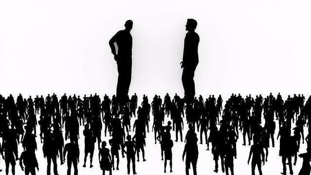 Animated crowd, standing idle and looking at two persons, politicians talking, arguing, black silhouettes on white background, 3D animation