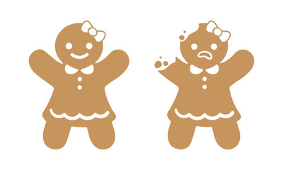 Sad gingerbread girl whole and with bite crumbs. Christmas icon. Vector. Holiday winter symbols flat design.
