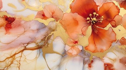 Abstract flat floral golden alcohol ink. flower watercolor background 