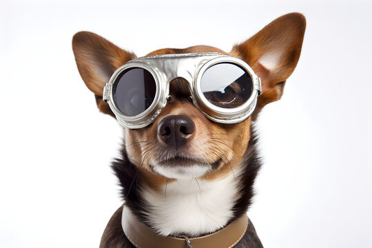 Dog wearing vintage pilot goggles portrait studio shot