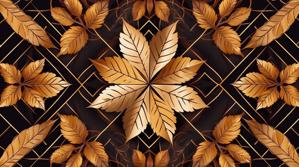 Autumn floral pattern brown and gold leaves and rhombus. Generative AI