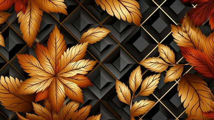 Autumn floral pattern brown and gold leaves and rhombus. Generative AI