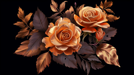 Autumn floral rose brown and gold leaves on black background. 