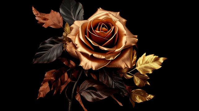 Autumn floral rose brown and gold leaves on black background. Generative AI