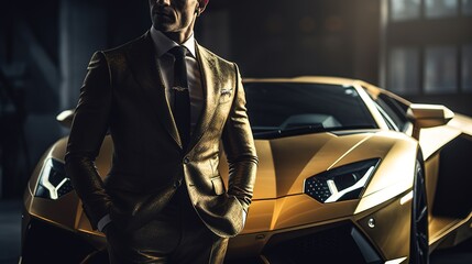 A Close-Up of a Rich Businessman Standing in Front of a Luxurious Supercar. Generative AI - obrazy, fototapety, plakaty