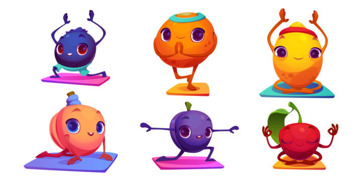 Cartoon set of kawaii fruit exercising isolated on white background. Vector illustration of blueberry, plum, cherry, orange, peach and lemon characters doing yoga workout on mat. Healthy lifestyle