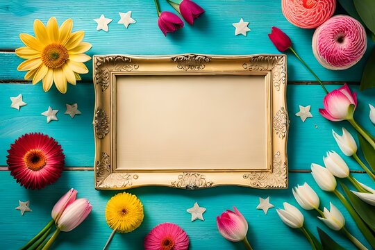 top view of spring flowers frames, vegetables frames on pastel background with copy spaces Generative Ai technology
