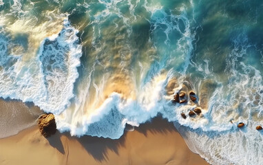 Fototapeta premium Seaside Tranquility Top-Down View of Sandy Beach and Crashing Waves, Generative AI