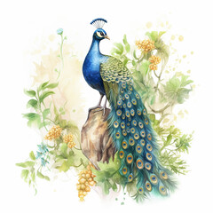 Watercolor cute Bird and floral tropical bouquets.  rest on plants, flowers, Ai Generative