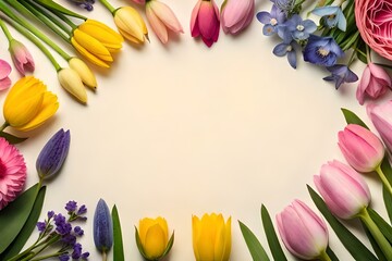 top view of flowers frames, vegetables frames on pastel background with copy spaces Generative Ai technology